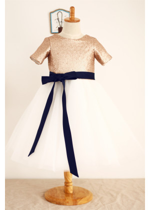 Short Sleeves Champagne Sequin Ivory Tulle Knee Length Flower Girl Dress